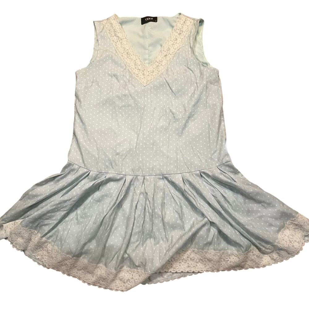 Cider Baby Blue Polka Dot Lace Trim Skater Dress Women Medium Cottagecore V Neck